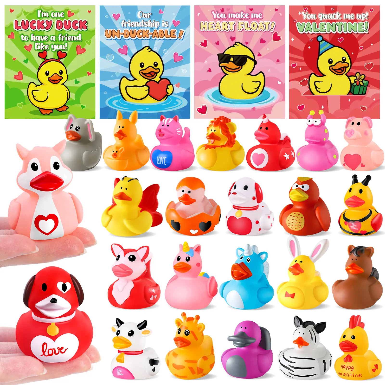 24 Pack Valentine's Day Rubber Ducks with Valentine Cards for Classroom Exchange – Non-Candy Kids' School Valentines, Jeep Ducking & Cruise Ducking, Bulk Party Favors, Bath Toys & Valentine Gifts for Boys & Girls