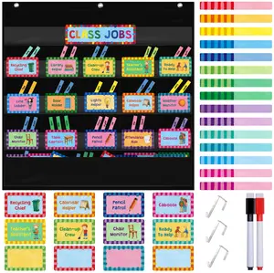 Class Jobs Pocket Chart, 1 Pocket Chart+83 Erasable Cards+3 Metal Hooks+2 Markers, Teacher’s Helper for Classroom Home School Bulletin Board (24.6” x 26”, Black)