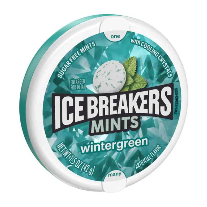 Ice Breakers Wintergreen Chewy Candies Tins - 2 Packs, 1.5oz Each, Fat-Free Invigorating Breath Mints, Chewing & Bubble Gum Snack Treats for All Ages, Everyday