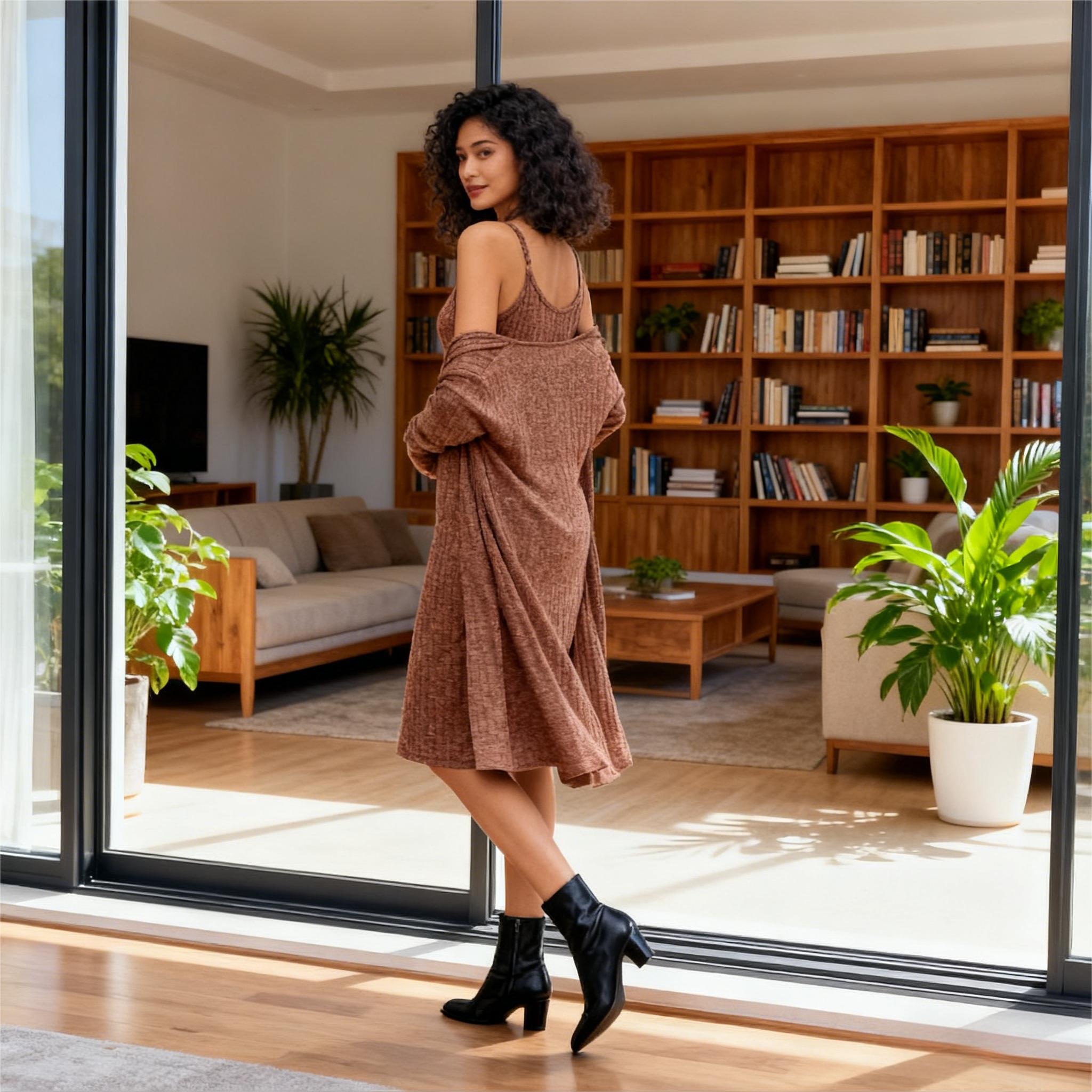 Womens  CasualStylish loungewear Womens Knit Robe Set Two Piece Nightgown with Robes Long Sleeves Lounge Sets with Pockets