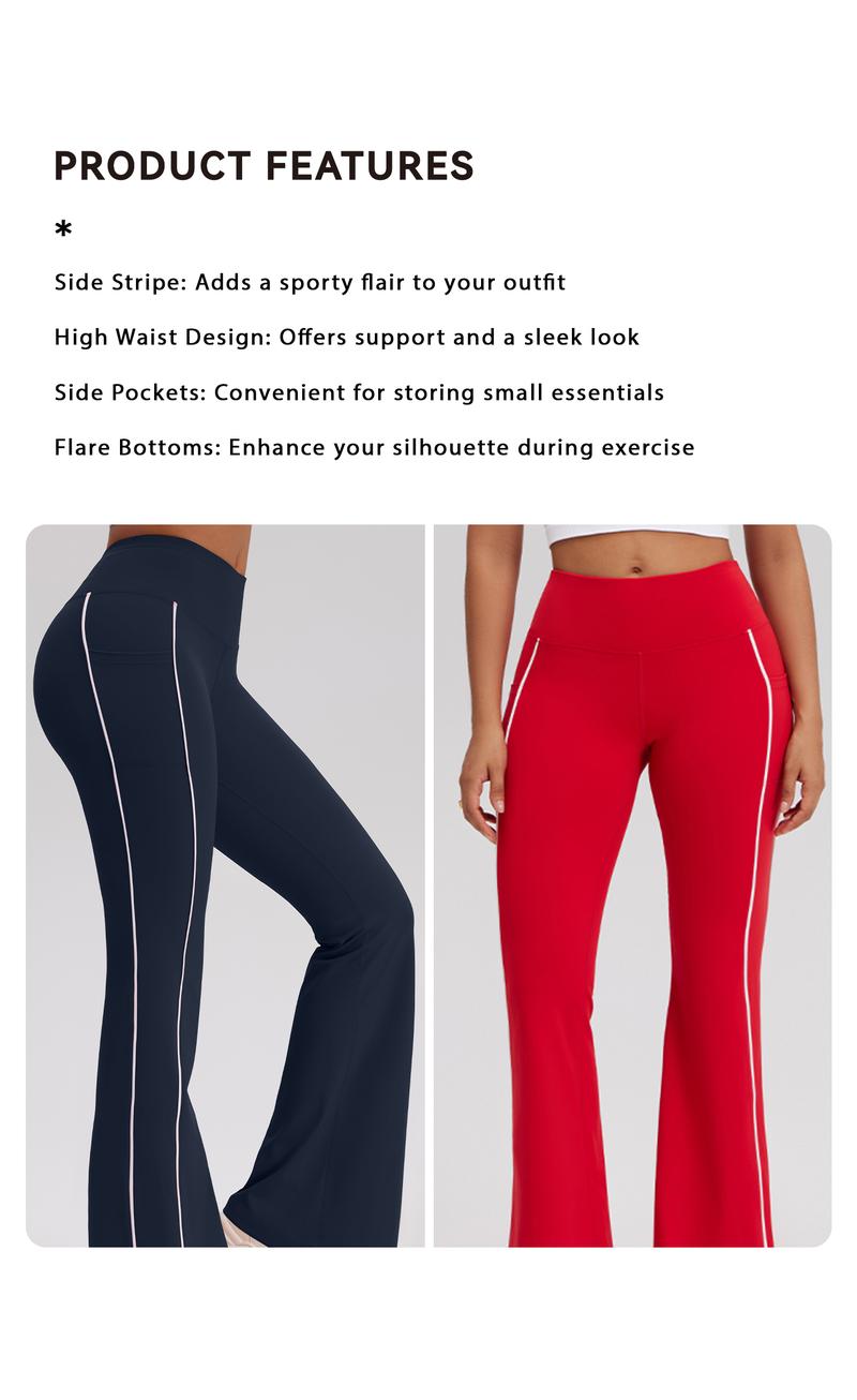OQQ Women's High Waist Flare Yoga Pants With Pockets – Workout Trousers With Side Stripe Gym Sport Workout Pants Trousers