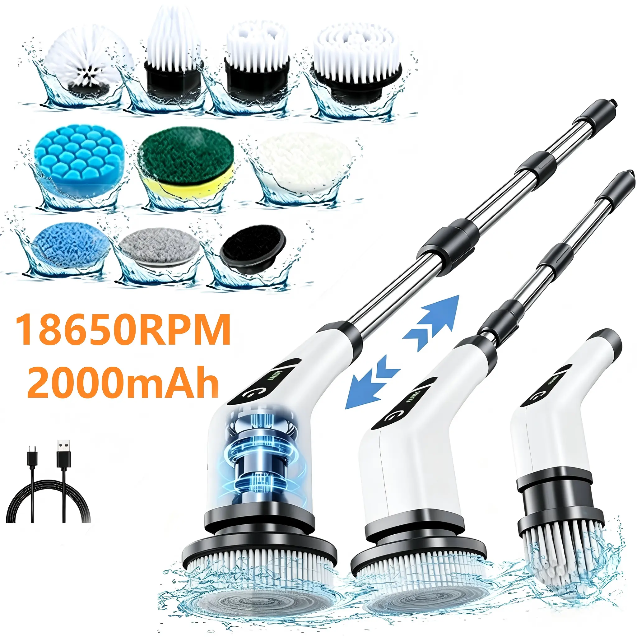 Cordless Handheld Electric Spin Scrubber, 5-Speed Powerful Cleaning Tool with Ergonomic Long Extendable Plastic Handle, IPX7 Waterproof USB Port Electric Brush with 9 Replaceable Heads for Bathroom, Kitchen, Floor