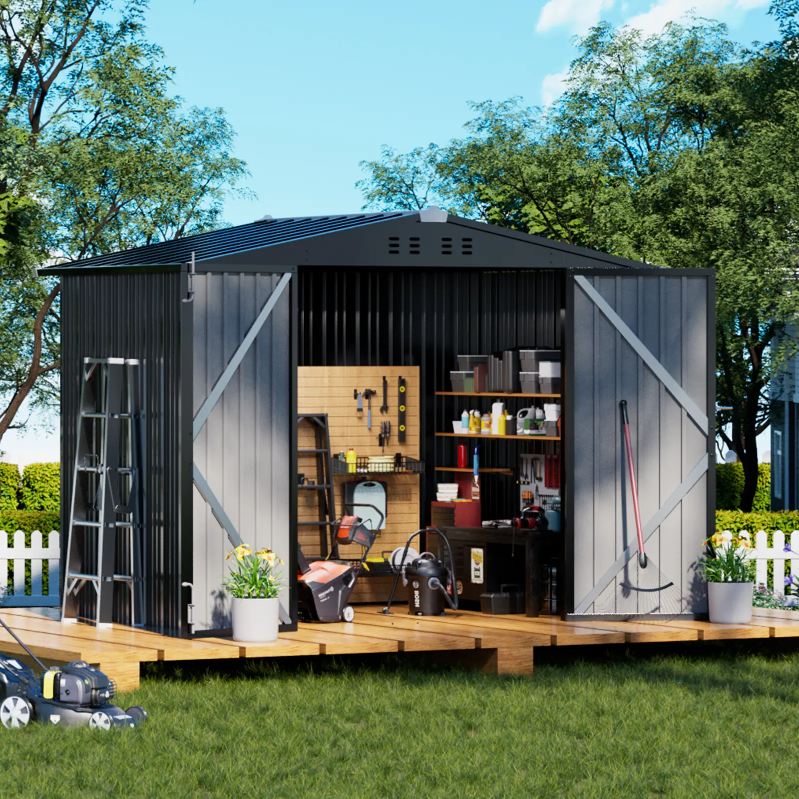 COMHOMA 8x6FT Shed Outdoor Storage Shed Metal,Lockable Doors Tool Sheds with Sloping Roof,Steel Garden Shed with Air Vent for Backyard,Patio,Lawn, Durable Garden Shed, Metal Building Shed, Waterproof Metal Shed, Steel Construction