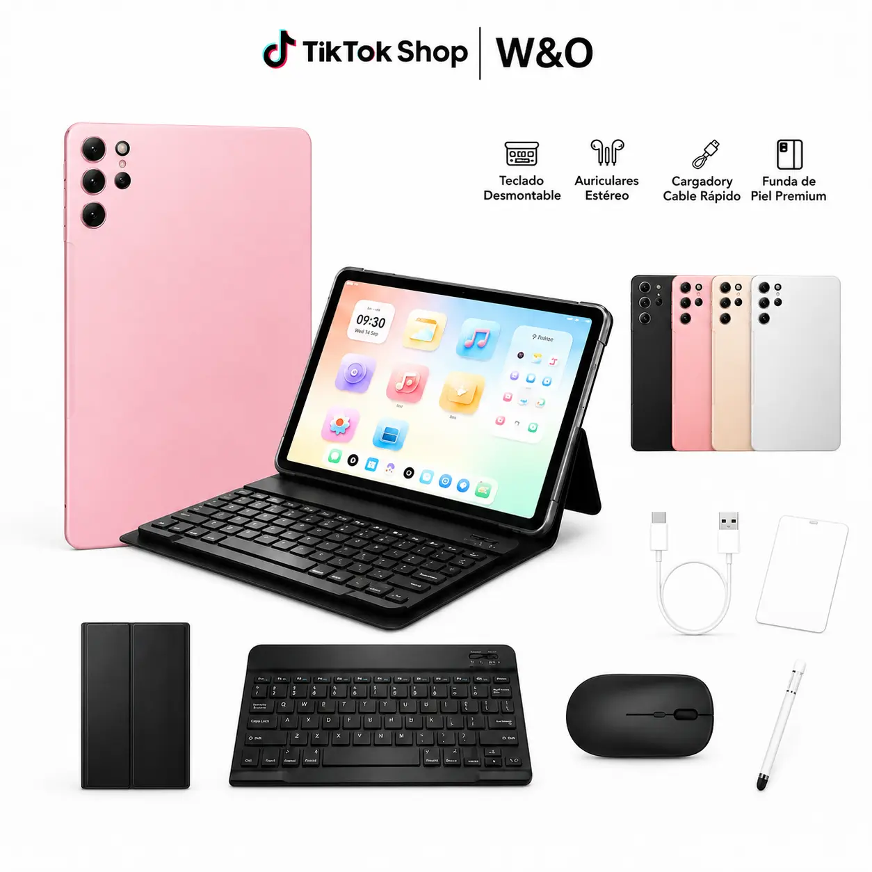 W&O X9 Android 15 Tablet, 10.1-in IPS Display, 8GB RAM 256GB Expandable ROM, 8000mAh Battery, Dual-Band WiFi, SIM + microSD Support, 9-in-1 Bundle with Keyboard, Mouse, Stylus & Case, Bluetooth Camera, Metallic Rear, Streaming Tools (Birthday Gift Option)