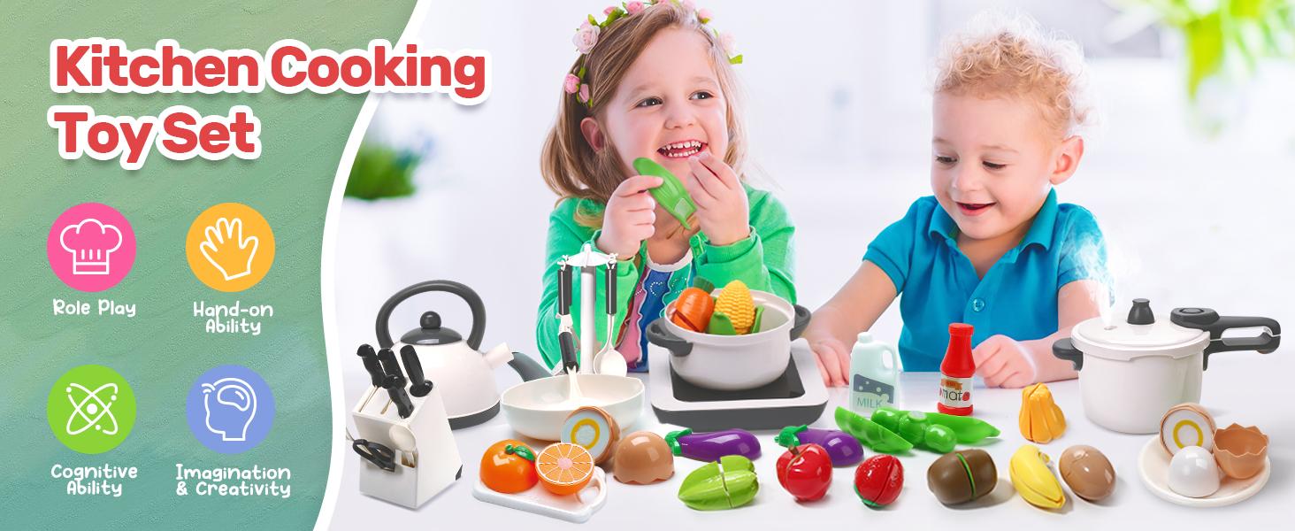 CUTE STONE Pretend Play Kitchen Toy with Cookware Steam Pressure Pot and Electronic Induction Cooktop, Cooking Utensils Cutting Food Fruits Vegetables