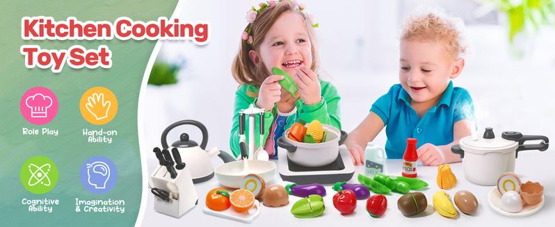 CUTE STONE Pretend Play Kitchen Toy with Cookware Steam Pressure Pot and Electronic Induction Cooktop, Cooking Utensils, Cut Play Food, Shopping Basket Learning Toy CUTE STONE Pretend Play Kitchen Toy with Cookware Steam Pressure Pot and Electronic Induction Cooktop, Cooking Utensils, Cut Play Food, Shopping Basket Learning Toy