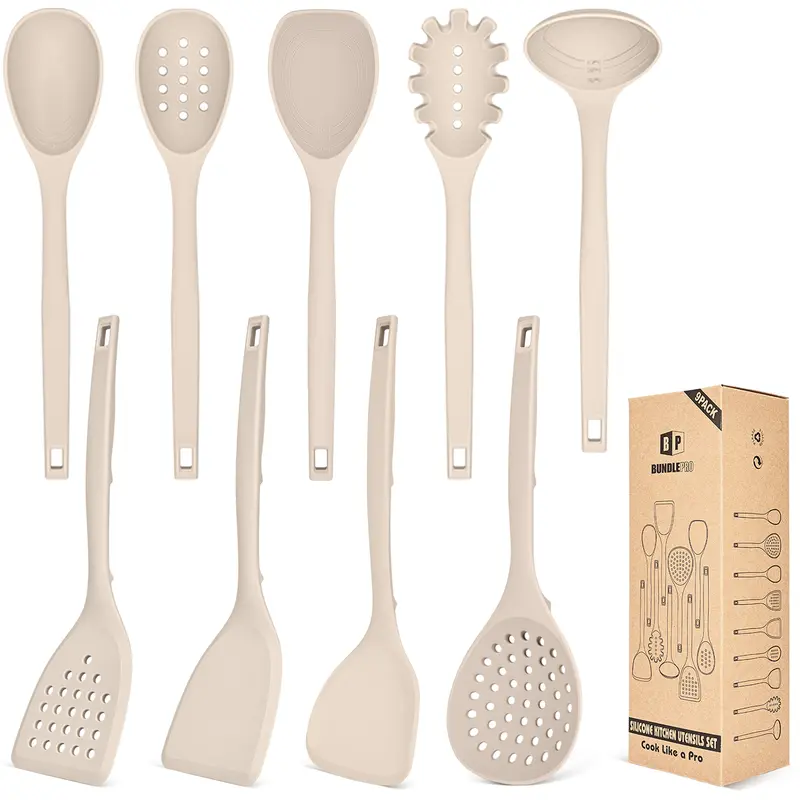 BUNDLEPRO 9-Piece Durable Food Grade Silicone Cooking Set - Heat Resistant, Bisphenol A (BPA)-Free, 1-Piece Easy Wash with Hanging Hooks, Ladle, Slotted Spoon, Bendable Spatula, Turner, Skimmer, Pasta Fork for Non-Stick Pots, Stirring, Baking