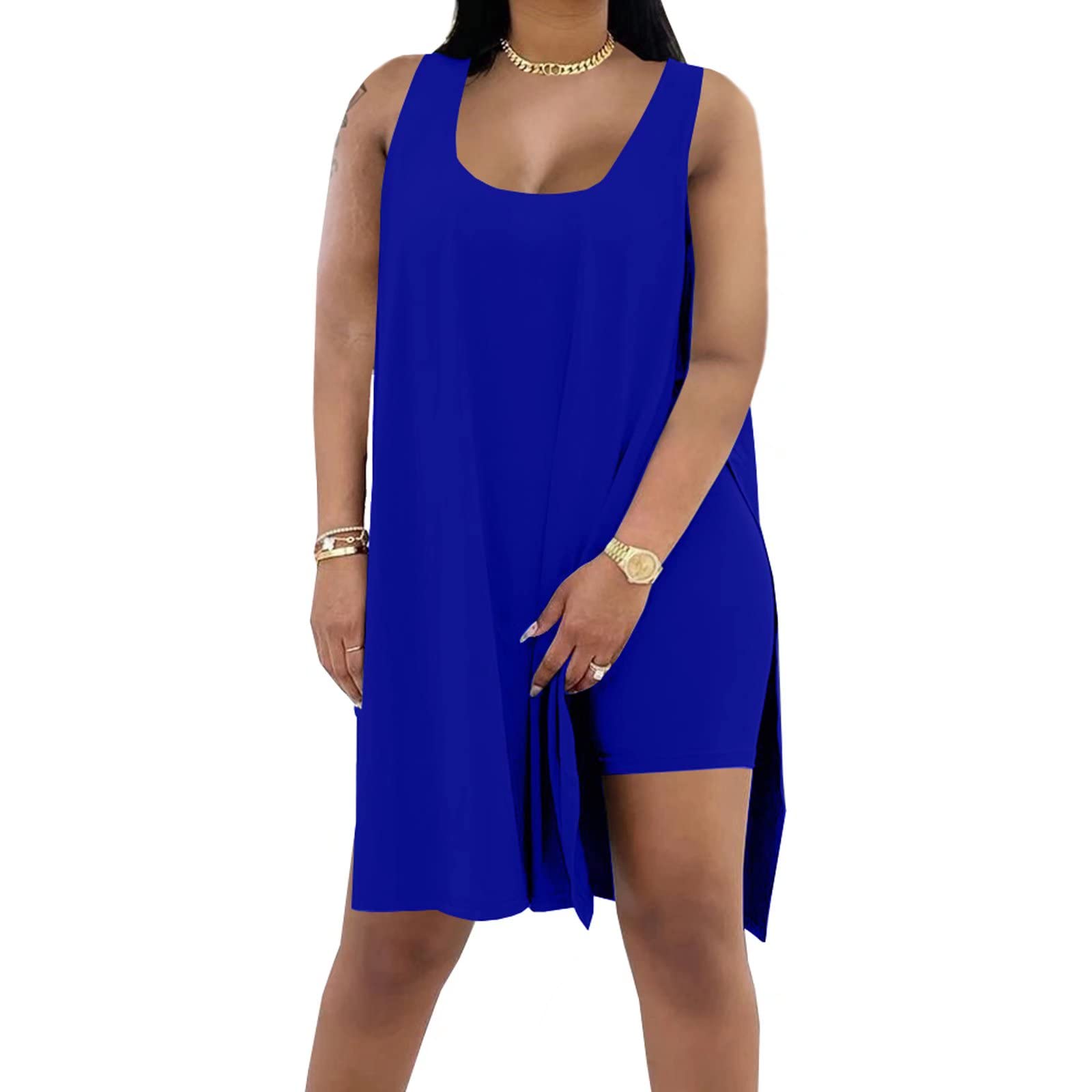 Women's Plus Size 2 Piece Outfits Sleeveless Tunic Tops and Bodycon Biker Shorts Sets Tracksuits Womenswear Casual Clothing Garment