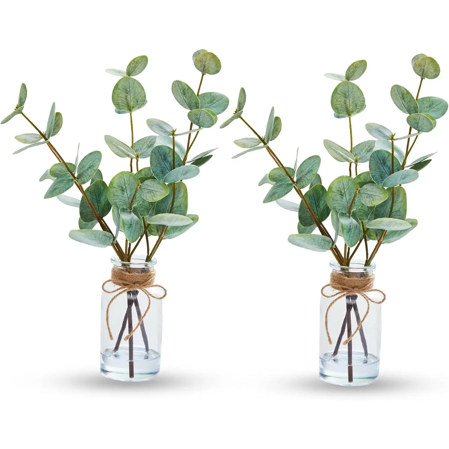 13" Artificial Eucalyptus Stems in Vase (2-Pack), Faux Eucalyptus with Double-Sided Green Leaves
