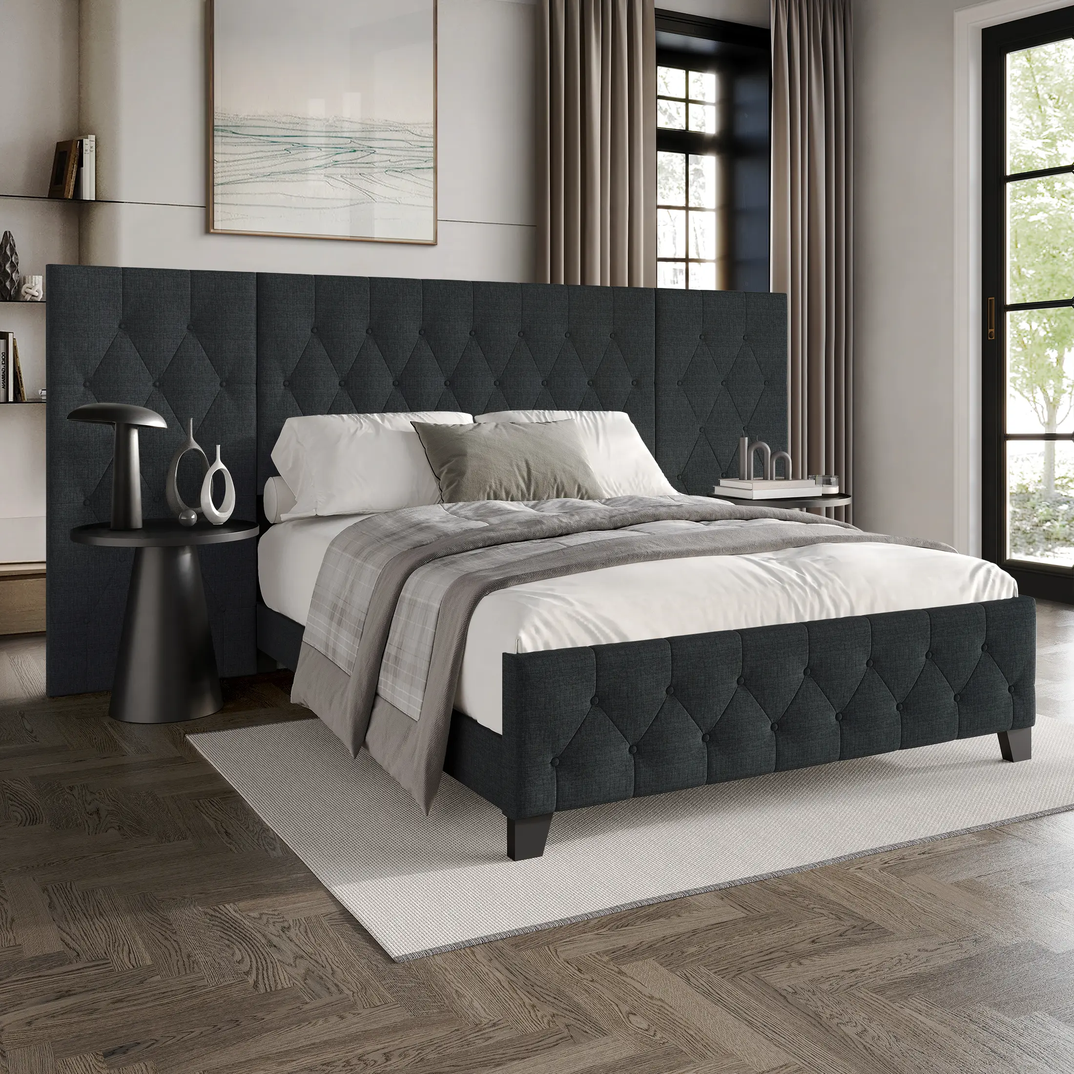 Modern Tufted Bed Frame with Dark Gray Upholstery and Quilted Design for Contemporary Bedroom Decor