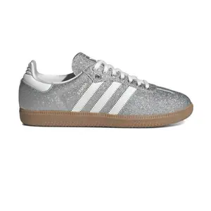 Adidas Samba Shine Silver Metallic Women's Glittered Silver Upper with White 3-Stripes & Gum Rubber Sole Classic Sneakers