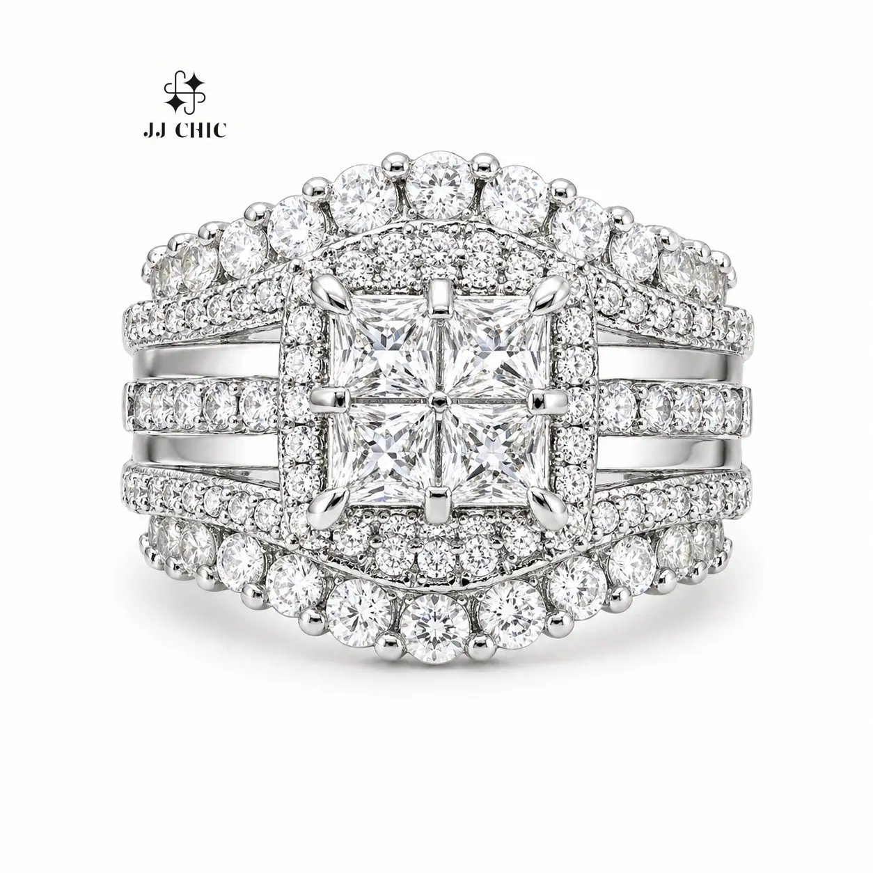 JJ CHIC Square Multi-Band Ring for Women Micro Pave CZ Stones Halo Design Elegant Daily Wear Gift for Girlfriend or Wife Jewelry Unique Sparkling Stones