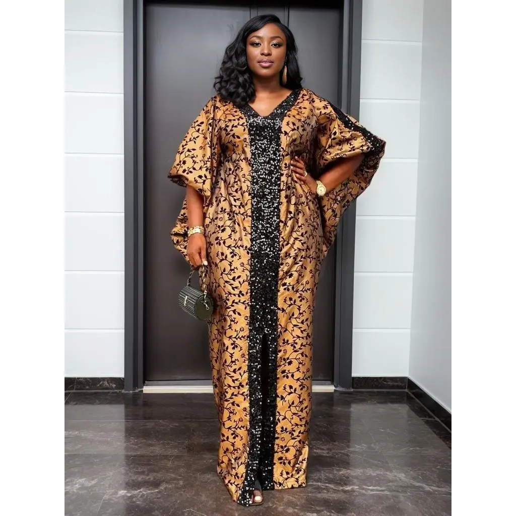 Women's 2026 Dubai Luxury Abaya - African Muslim Modest Sequins Caftan Marocain Boubou Djellaba, Formal Long Sleeve Metallic Coffee Evening Dress, Elegant Classy Flattering Summervibes Womenswear, All Over Print, All Seasons, Casual, Chic, Modest Boho Flo