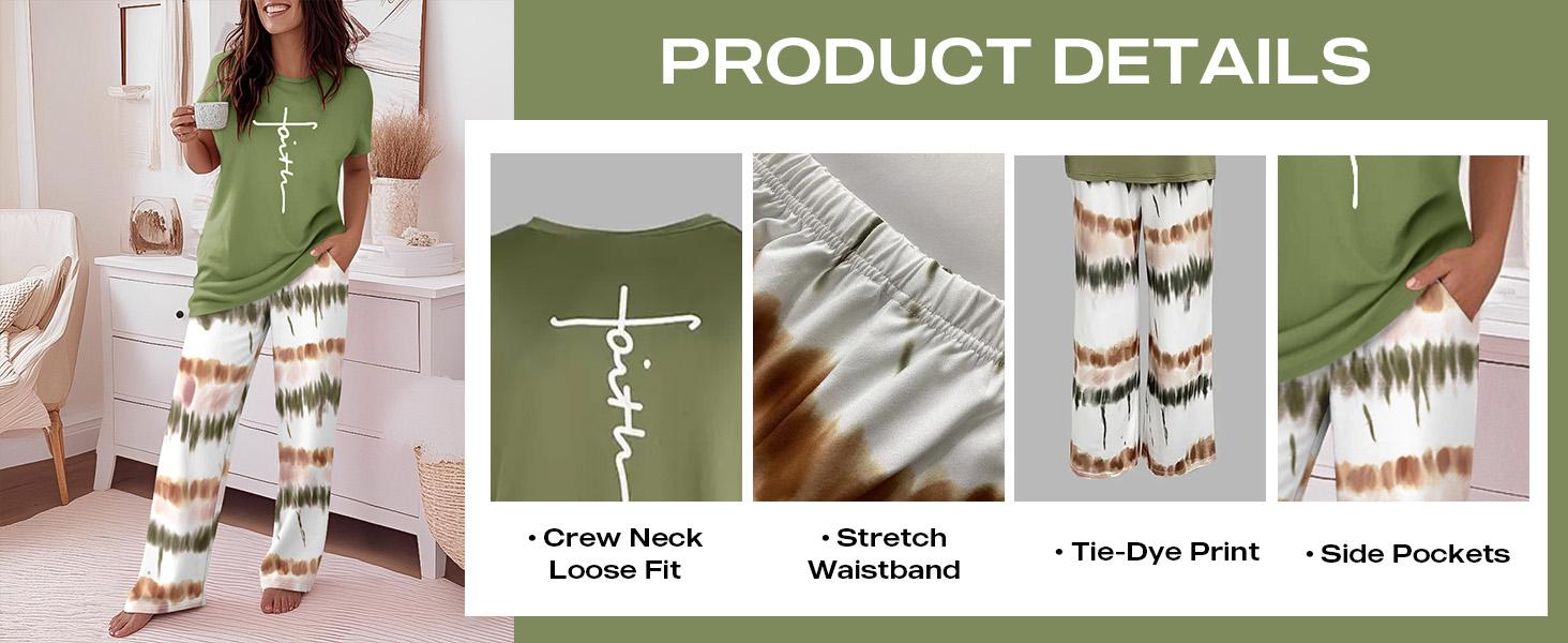 ChicMe Women's 2 Piece Sets Round Neck Short Sleeve Top & Ombre Print Loose Pants Matching Pajamas Sets Fit