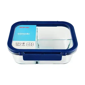 NEOFLAM COMODO 3 Compartment Glass Food Container 1000ml - Microwave Safe, Airtight, Borosilicate Glass Lunch Box for Meal Prep, Bento Box