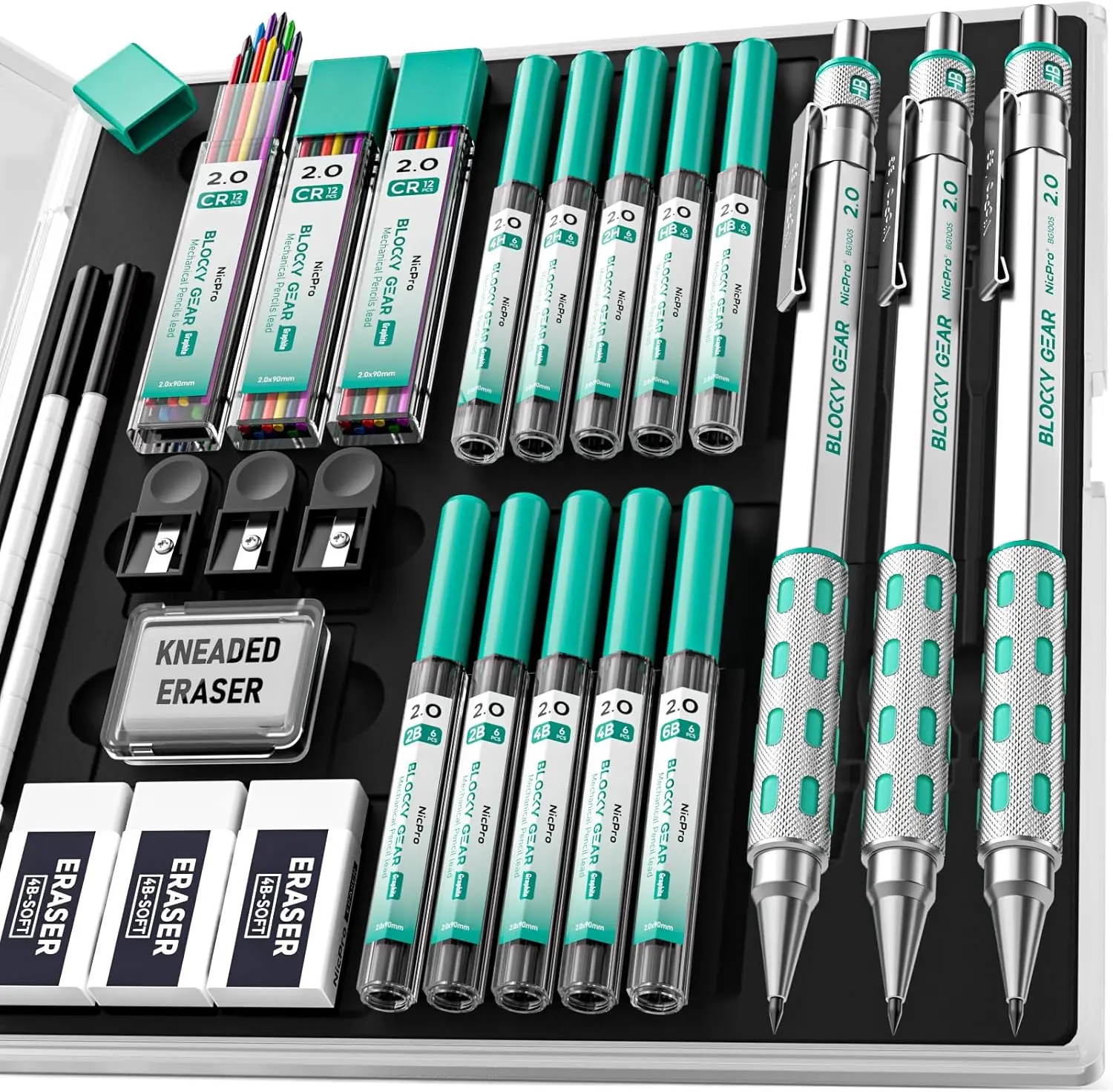 Nicpro Metallic Mechanical Pencil Set - 3-Pack 2.0 mm Hexagonal Blocky Gear Metal Body Drafting Lead Holders with Case, Office Stationery Supplies, School Supplies, 13 Tubes 2mm Lead Refills (HB,2B,2H,4B,6B,12 Colors), Erasers for Drawing,Carpentry
