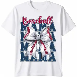 Cotton Short Sleeve T-Shirt Baseball Coquette Bow Baseball Mama Baseball Mom Mothers Day T-Shirt Graphic tees