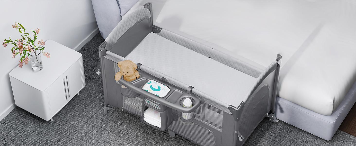 BabyBond 5 in 1 Foldable Baby Bassinets Bedside Sleeper for Newborn Infant, Large Playard Pack with Mattress,Storage Basket and Mosquito Net, Height Adjustable Baby Crib for Nursery, Ideal Christmas Gift for Toddler
