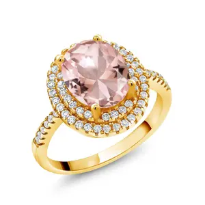 Gem Stone King Oval Halo Engagement Ring for Women | 18K Yellow Gold Plated Silver | 9X7MM Gemstone Birthstone and Moissanite | Wedding Anniversary Promise Ring