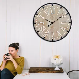 Large Metal Frame Farmhouse Rustic Wooden Wall Clock with Engraved Roman Numbers for Living Room Decor