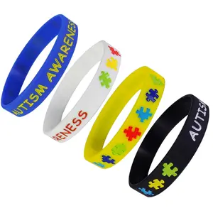 "AUTISM AWARENESS" Silicone Wristbands Blue, Yellow, Black and White Adult Size (4 Pack)