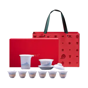 Jingdezhen Gaiwan Tea Set - Exquisite Ceramic Kung Fu Tea Ceremony Set with 3-Heaven-and-Earth Bowl, White Tea Cup, "Thousand Miles of Rivers and Mountains" Design, Includes 1 Gaiwan, 1 Gong Dao Bei, 6 Tea Cups, and Tote Bag