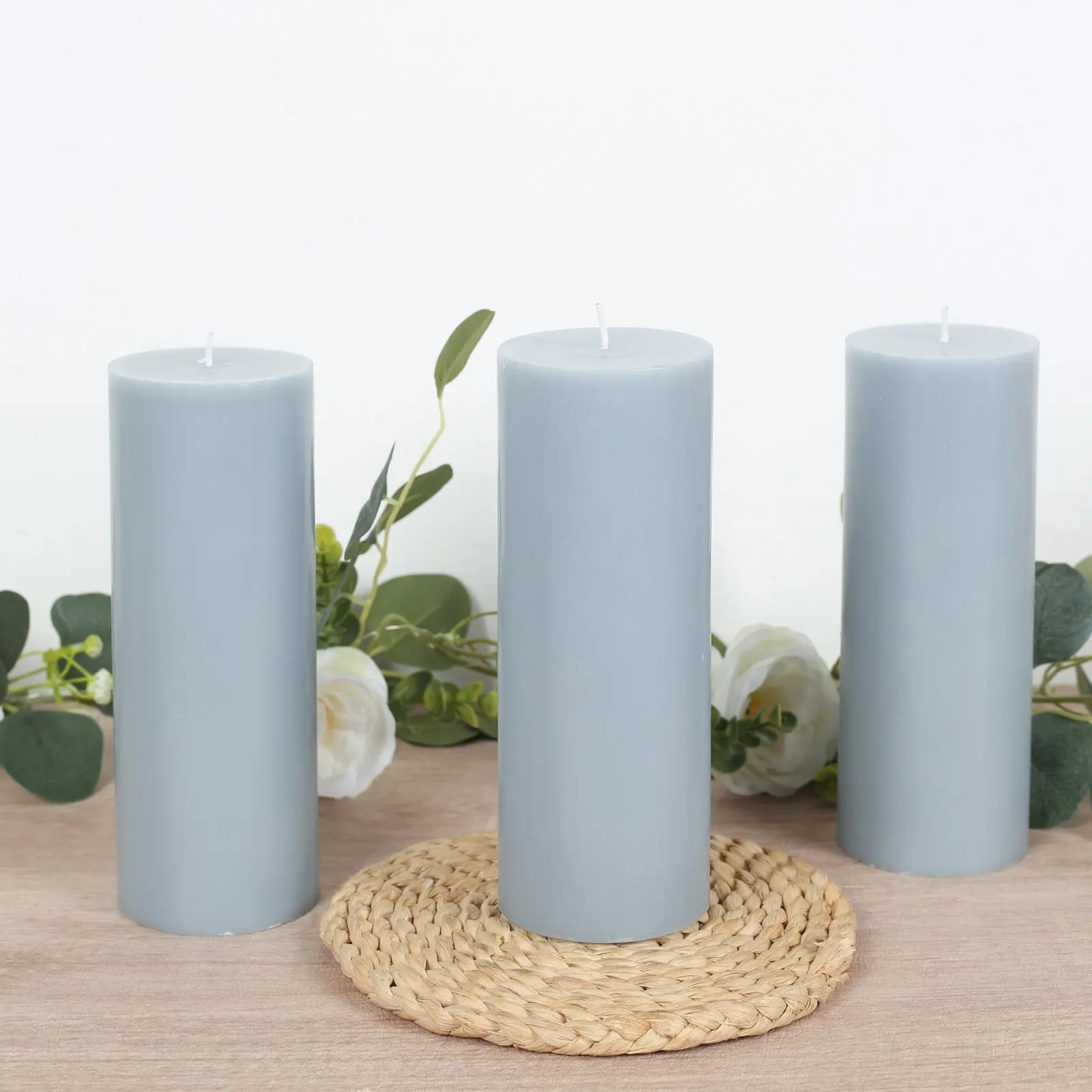 Unscented Dusty Blue Paraffin Pillar Candles (12-Pack Bulk Household Candles) - 3"x8", Dripless Burn, Smokeless Wicks, Long-Lasting Cotton Wicks for Wedding Centerpieces, Restaurants, Churches, Parties