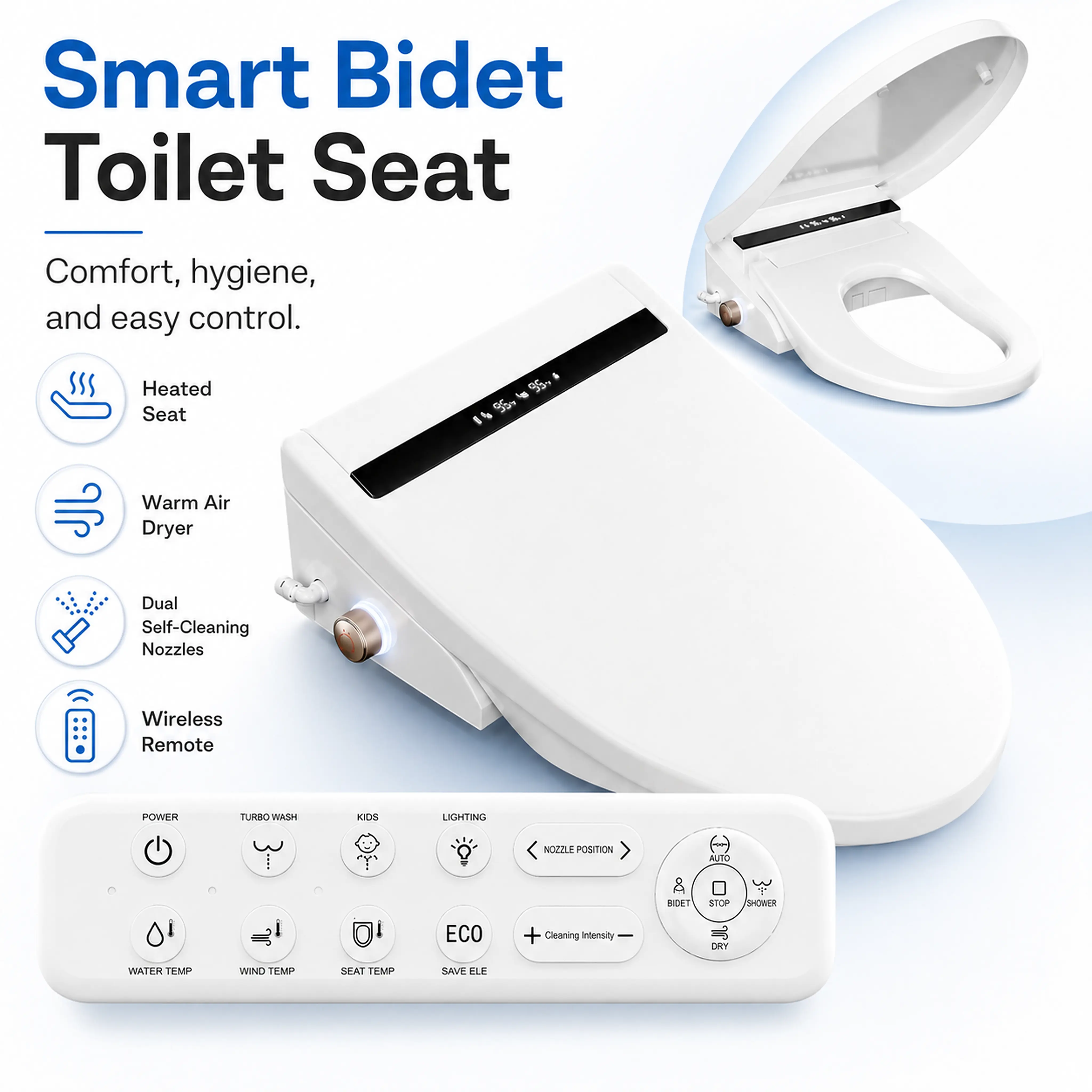 Smart Bidet Toilet Seat, Home Bathroom Toilet Parts with Heated Seat and Warm Dryer Fixture