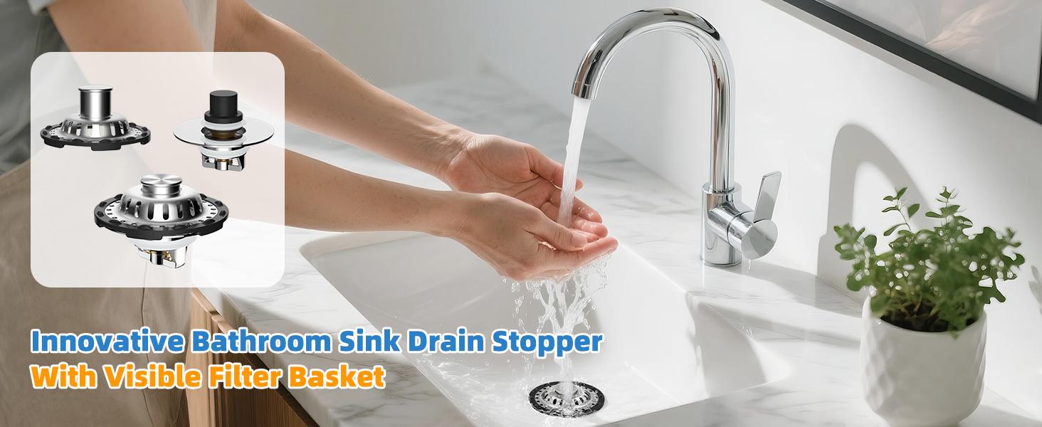 Upgraded Bathroom Sink Drain Stopper with Visible Top Stainless Steel Filter Basket Hair Catcher, 3 in 1 Pop-up Sink Strainer Fit for Standard 1.1''~2.36'' Basin Hole, Not for Bathtub, Chrome