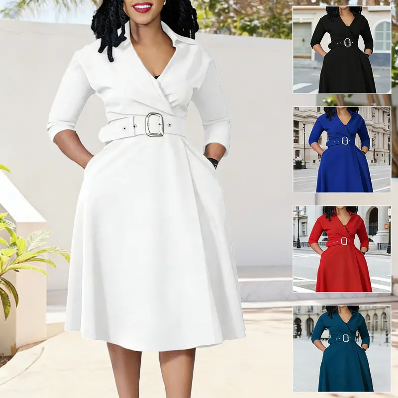 3/4 sleeve fit & flare dress product info and reviews Women's Flare Dress V Neck 3/4 Sleeve 2024 Elegant a Line Work Dresses