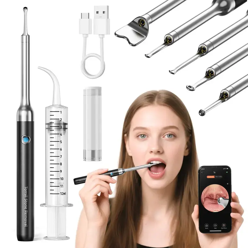 Tonsil Stone Remover Kit with 1080P HD WiFi Camera, Rechargeable Waterproof Home Oral Care Tool with 6 Adjustable LEDs and 5 Attachments for iOS & Android, Water Proof, Rechargeable Battery