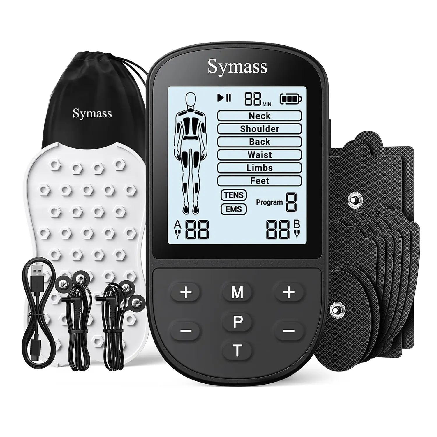 SYMASS TENS Unit Muscle Stimulator, EMS Electronic Pulse Massager, Dual Channel Physical Therapy Device for Back & Shoulder Pain Relief, Muscle Relaxation | 24 Modes,3 shapes, 10 reusable electrode sheets