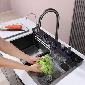 Modern 29.5 Inch Integrated Waterfall Kitchen Sink Honeycomb Technology Large Digitial Display Stainless Steel Water Filter Cup Washer