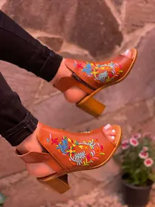 Gaia Leather Heels - Round Toe Chunky Heel Summer Sandals for Women - 3" Heel Height - Huaraches Style - Final Sale