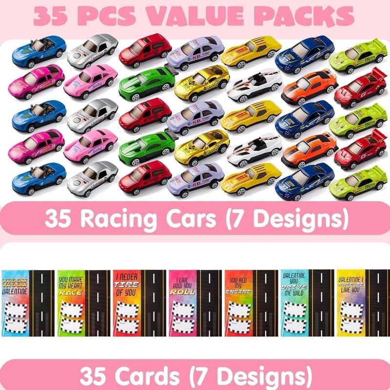 JOYIN 35 Valentines Day Die-Cast Racing Cars Gift Cards for Kids with Valentine’s School Classroom Exchange Greeting Cards, Vehicle Party Favor Toy Supplies