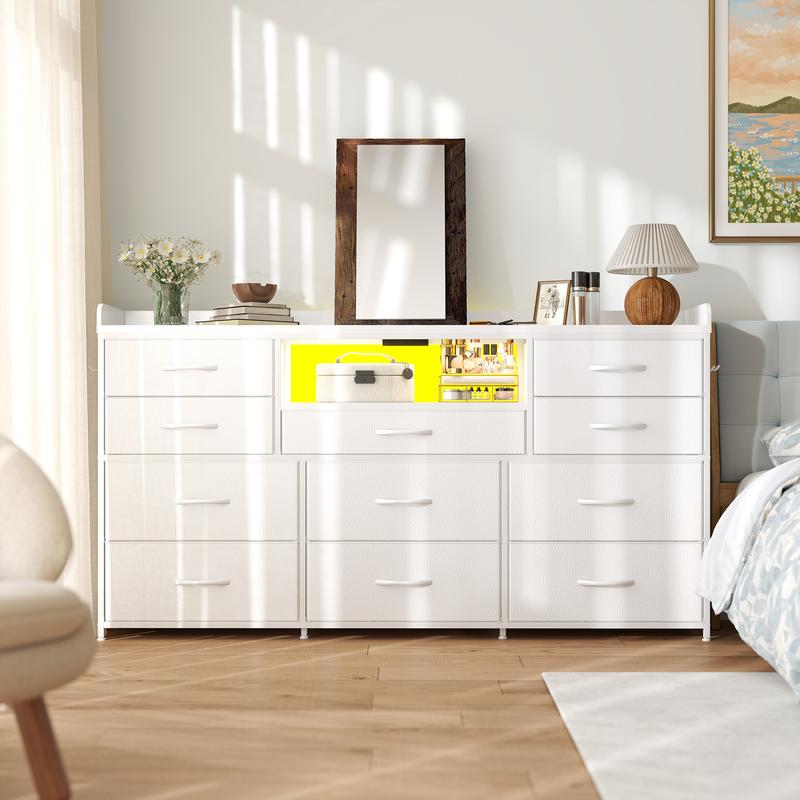 【LaborDaySale】Raybee 11 Drawers Dresser for Bedroom 31'' Height,Sturdy TV Stand with LED & power outlets & 4 hooks Drawerorganizer,Chest of Drawers,Storage Bin Cabinet Furniture