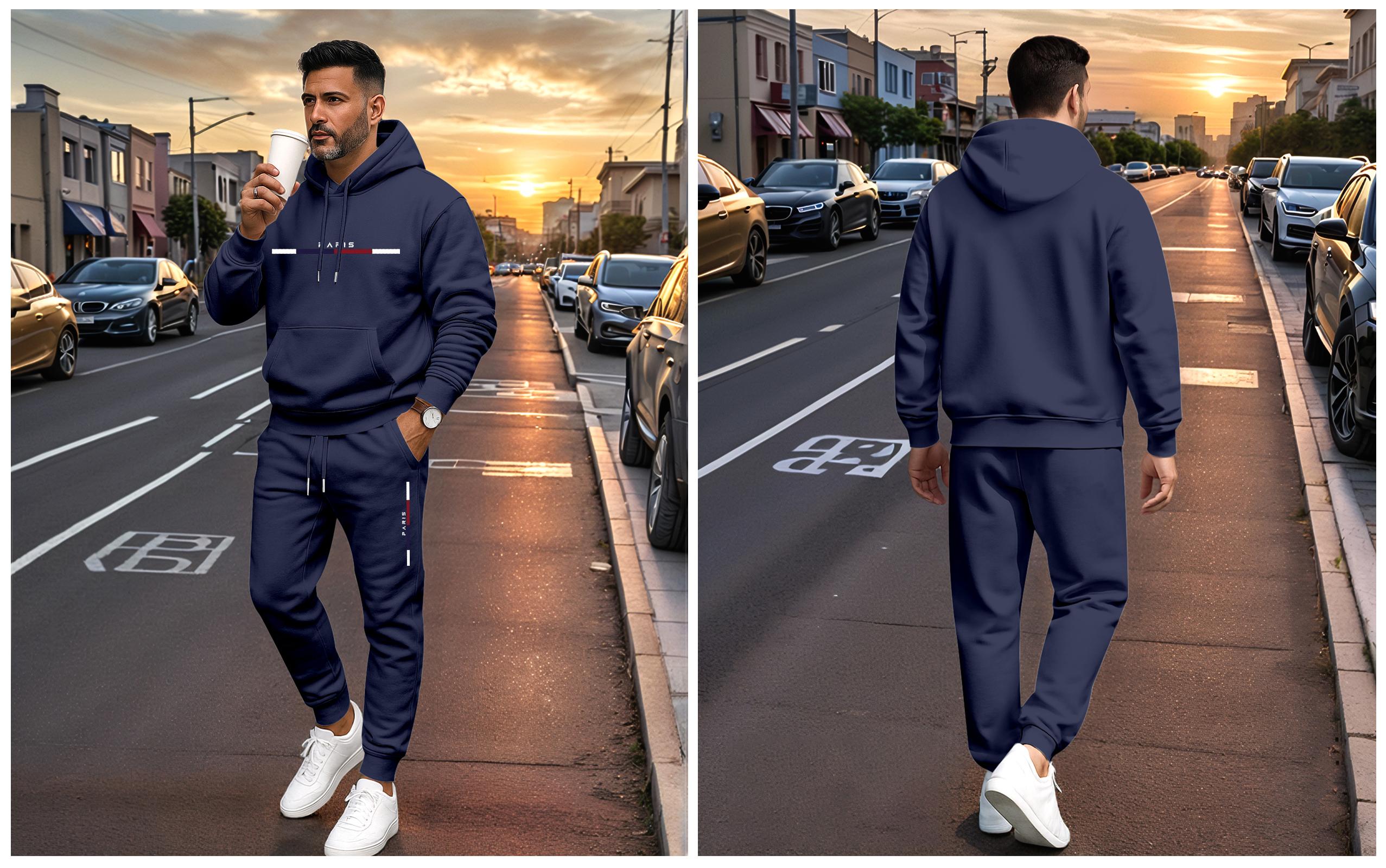 Men's Paris Letter Printed Hoodie and Drawstring Sweatpants Set, Menswear, Casual Athletic Long Sleeve Hooded Jacket & Trousers for Fall & Winter, Men's Clothing for Daily Wear, Sportswear Indoor Outdoor, Tracksuit, Athleisure Summer Clothes