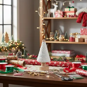 Holiday White Pom Pom Ribbon - 5 Yards on Rustic Wood Tree Spool