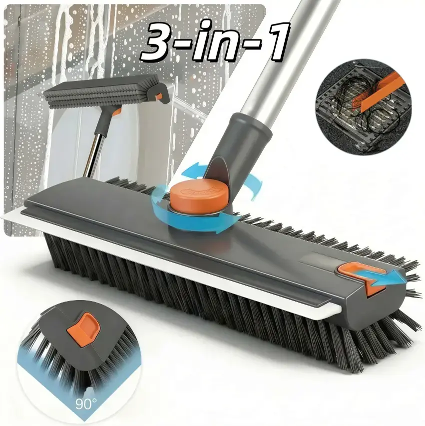 Livo-V 3-in-1 Adjustable Length Stainless Steel Rotatable Long Handle Brush with Squeegee, Durable Sturdy PVC Bristle Scrubber for Cleaning Supplies Deep Cleaning House Supplies (Bathroom, Kitchen Use), From Bathroom To Garage