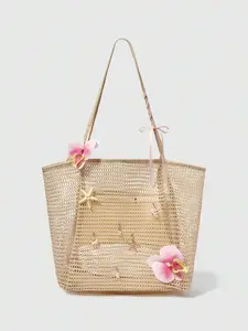 Fairycore 1pc Handmade Woven Tote Bag With Artificial Orchid, Lily Decor, Large Capacity Shoulder Bag, Suitable For Summer Vacation & Beach (Accessories Need To Be DIY Assembled) , Beach Bag