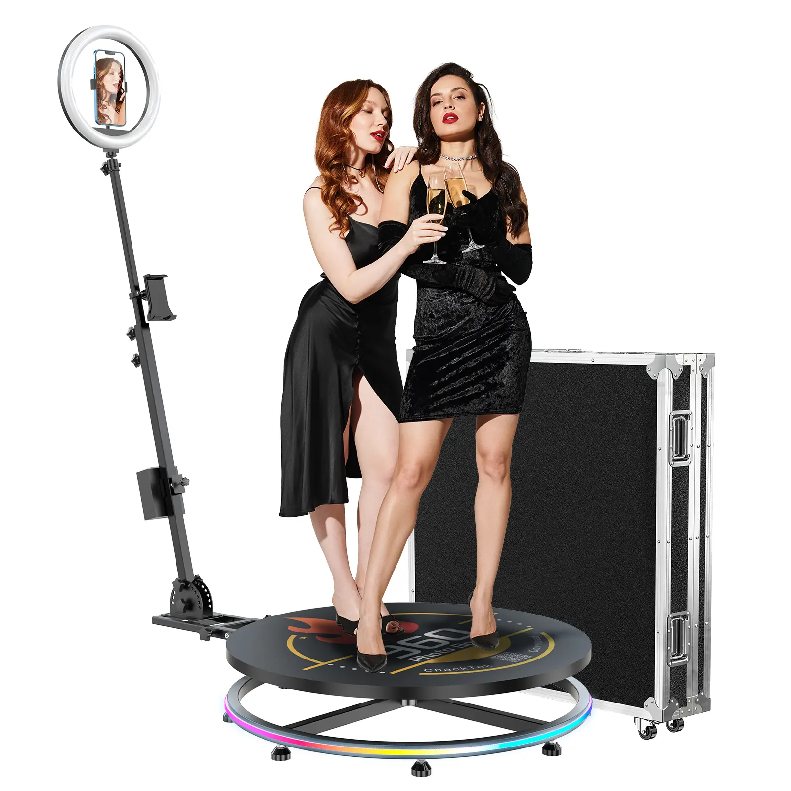 MWE 80cm Automatic 360-Degree Photo Booth with App Remote Control, Adjustable Tripod Stabilizer, Software for Smartphone/Cellphone/Tablet, Slow Rotation Shooting for Weddings, Events (2-3 Person Standing Selfie Accessory)