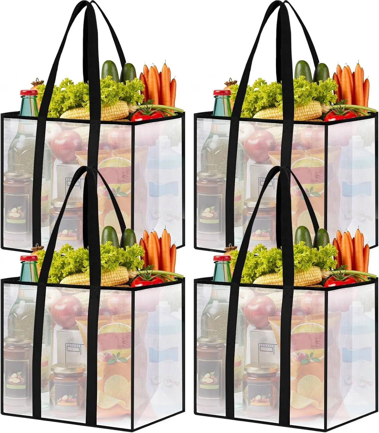 4 Pack Reusable Heavy-Duty Grocery Bags with Sturdy Handles, Water-Resistant Foldable Synthetic Transparent Tote Organizer, 33L Multi-Purpose Shopping Bags for Groceries, Car Trunk
