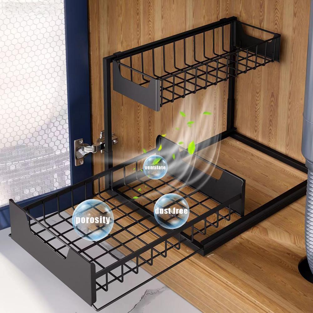 Black 2-Layer Rectangle Sliding Pull-Out Under Sink Shelf - Bathroom Organizers, Hanging Adjustable Vanity Storage Holder with Frost Finish, HIPS Materials, Dish Drying Rack, Easy Installation, 1-Pack for Bathroom, Garage Use