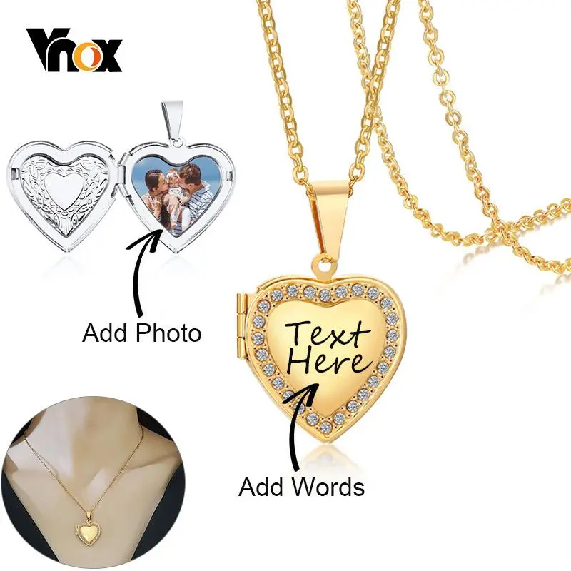 Vnox Personalize Engrave Name Heart Locket Necklaces for Women Custom Family Love Pos Images Anniversary Keepsake Gifts