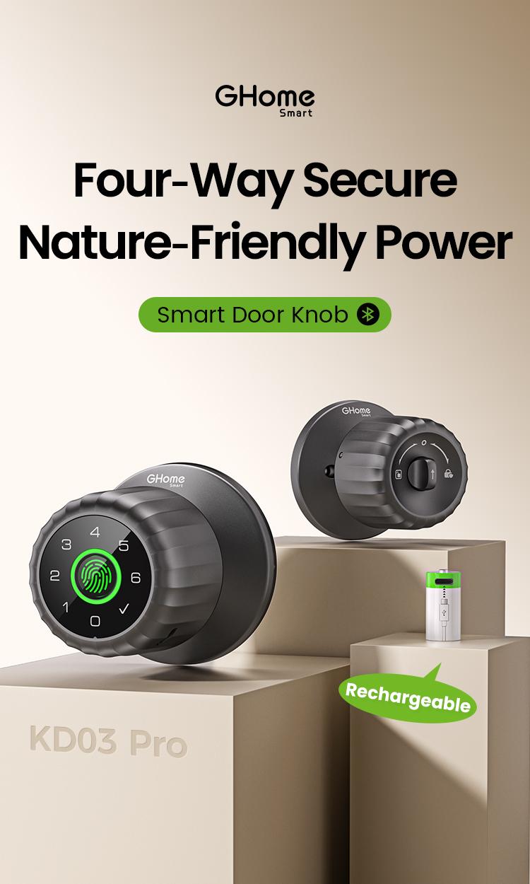 GHome Smart 4-in-1 Keyless Entry Door Knob with Biometric Fingerprint, Keypad, App and Bluetooth Control, Rechargeable Battery with Removable Charging Design for Home, Bedroom, and Apartment