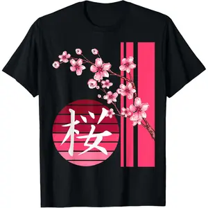 Sakura Flowers Spring Cherry Blossoms Japanese Kanji Print T-Shirt Pure Cotton Graphic Tees Menswear Top: Gifts for Men & Women