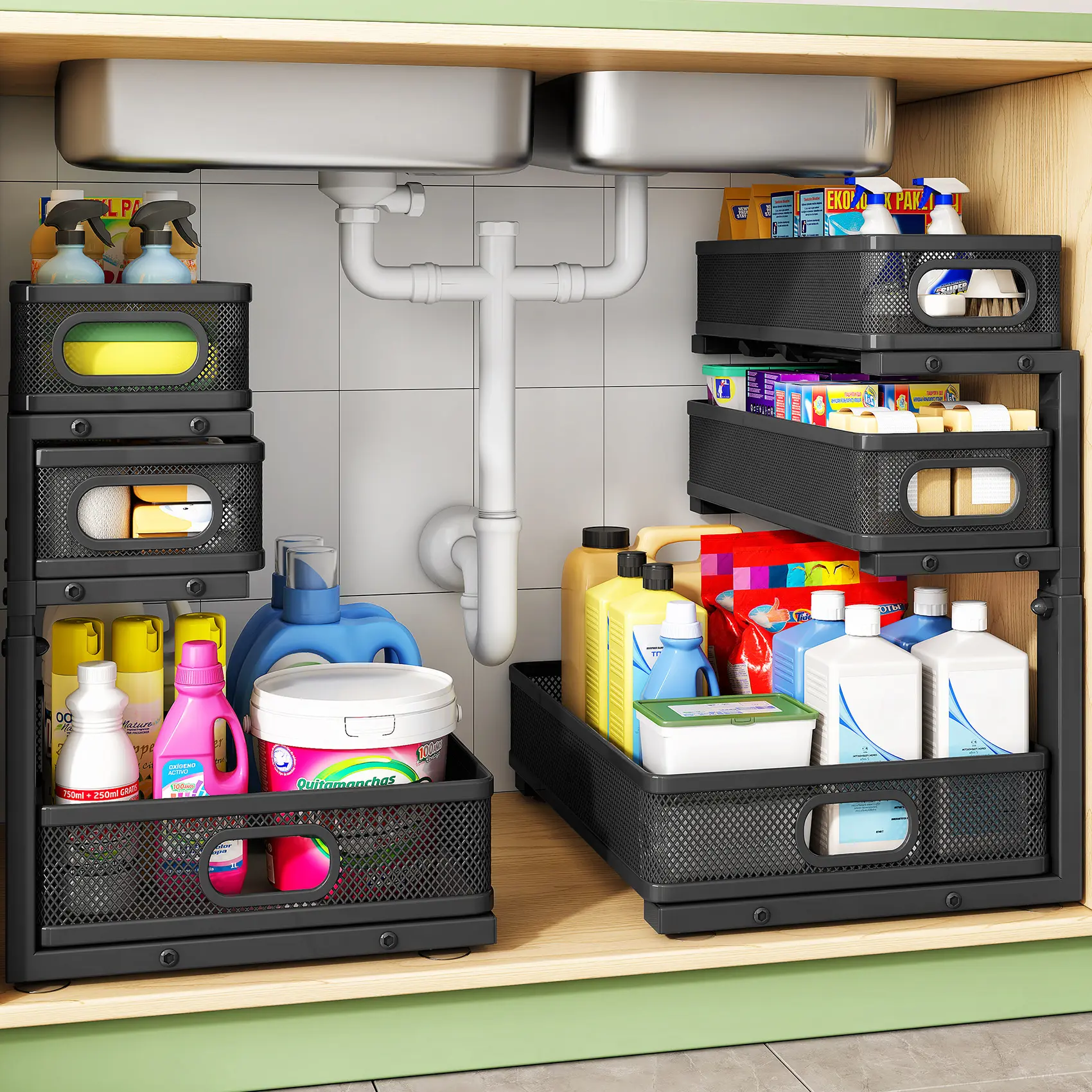 Kitstorack Under Sink Bathroom Organizer, 3-Tier Height-Adjustable Thick Steel Smooth Pull-Out Cabinet Shelf with Slide-Out Drawer for Kitchen Accessories & Storage Organization,dorm room inspo,college dorm essentials,dorm haul