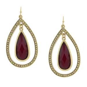Burgundy Teardrop Stone Open Hoop Earrings