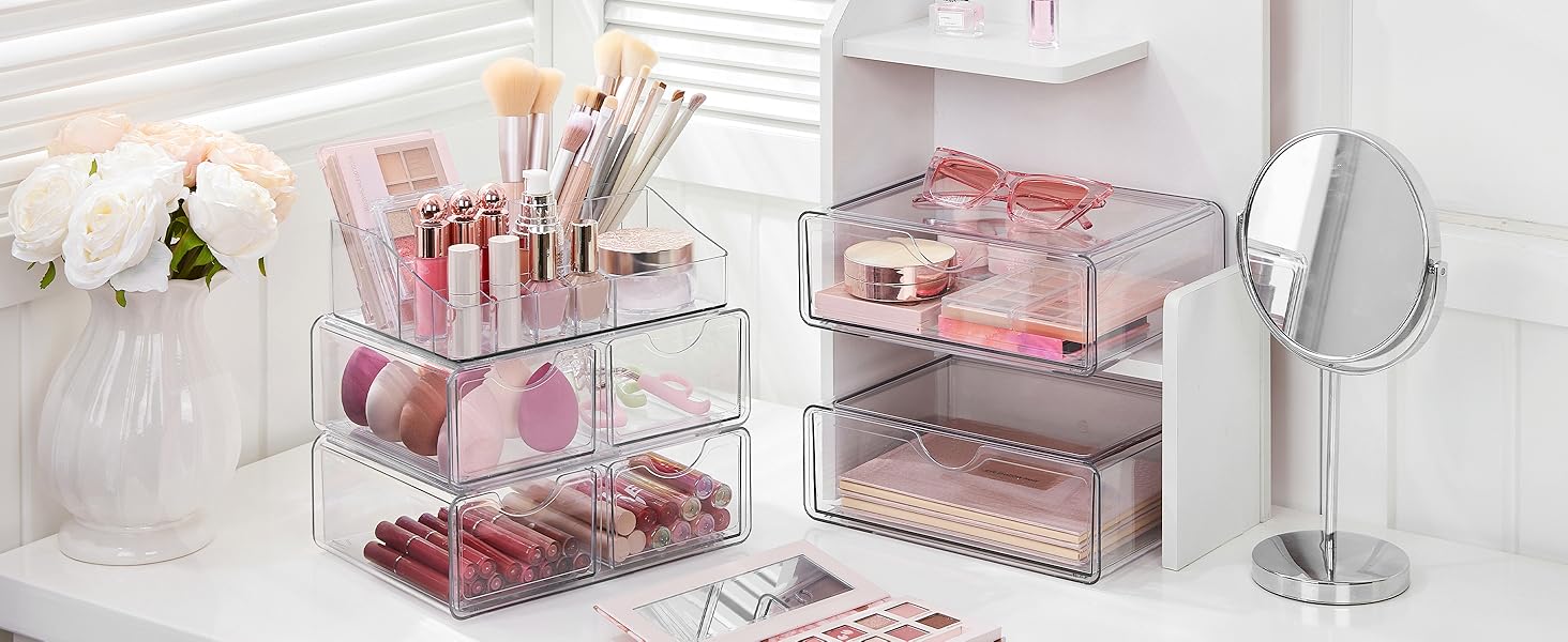 【2 Set】Vtopmart Clear Makeup Organizer with Drawer for Dresser, Countertop & Bathroom Vanity Cosmetic Storage for Lipstick Brush Skincare Organizing Tools Boxes