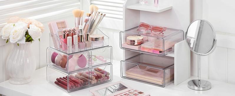 【2 Set】Vtopmart Clear Makeup Organizer with Drawer for Dresser, Countertop & Bathroom Vanity Cosmetic Storage for Lipstick Brush Skincare Organizing Tools Boxes